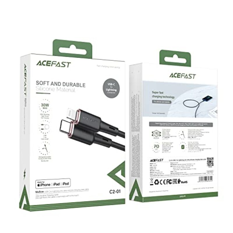 Acefast 1.2-Meter Zinc Alloy Silicone Charging Data Cable, USB-C to Lightning for Apple Devices, Black
Acefast 1.2-Meter Zinc Alloy Silicone Charging Data Cable, USB-C to Lightning for Apple Devices, Black