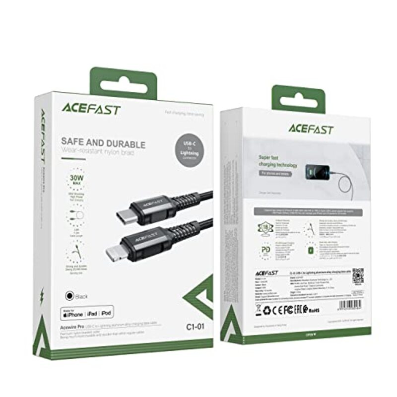 Acefast 1.2-Meter Aluminium Alloy Charging Data Cable, USB-C to Lightning for Apple Devices, Black
Acefast 1.2-Meter Aluminium Alloy Charging Data Cable, USB-C to Lightning for Apple Devices, Black