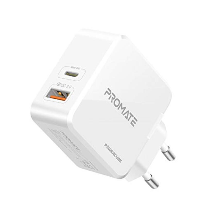 Promate USB-C 36W Fast Charging Dual Port Wall Charger with Type-C Power Delivery, Qualcomm Quick Charge 3.0 Port & Adaptive Charging, White
Promate USB-C 36W Fast Charging Dual Port Wall Charger with Type-C Power Delivery, Qualcomm Quick Charge 3.0 Port & Adaptive Charging, White