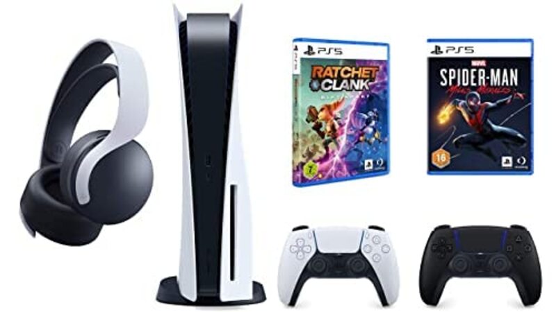 Sony PlayStation 5 Disc Console with Spiderman Miles Morales, Ratchet and Clank, Extra Pulse 3D Headset and Black Dual Sense Controller Bundle, with 1
Sony PlayStation 5 Disc Console with Spiderman Miles Morales, Ratchet and Clank, Extra Pulse 3D Headset and Black Dual Sense Controller Bundle, with 1