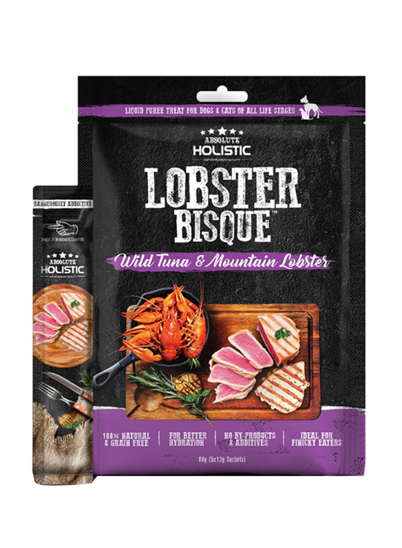 Absolute Holistic Lobster Bisque Wild Tuna & Mountain Lobster Flavour Liquid Puree Treats for Finicky Eater Pets Wet Cat & Dog Food, 5 Sachets x 12g
Absolute Holistic Lobster Bisque Wild Tuna & Mountain Lobster Flavour Liquid Puree Treats for Finicky Eater Pets Wet Cat & Dog Food, 5 Sachets x 12g