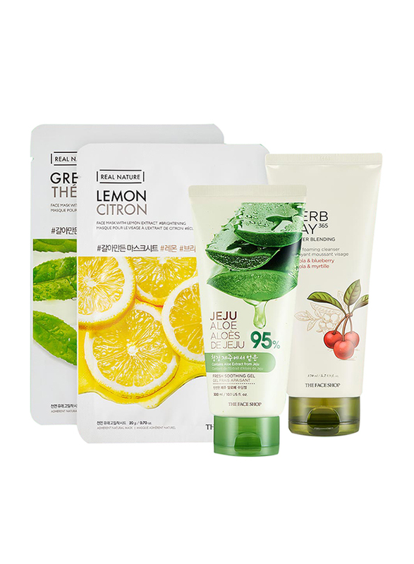 The Face Shop Jeju Aloe Fresh Soothing Gel + Herb Day 365 Master Blending Facial Foaming Cleanser + Real Nature Lemon Mask Sheet + Real Nature Greente
The Face Shop Jeju Aloe Fresh Soothing Gel + Herb Day 365 Master Blending Facial Foaming Cleanser + Real Nature Lemon Mask Sheet + Real Nature Greente