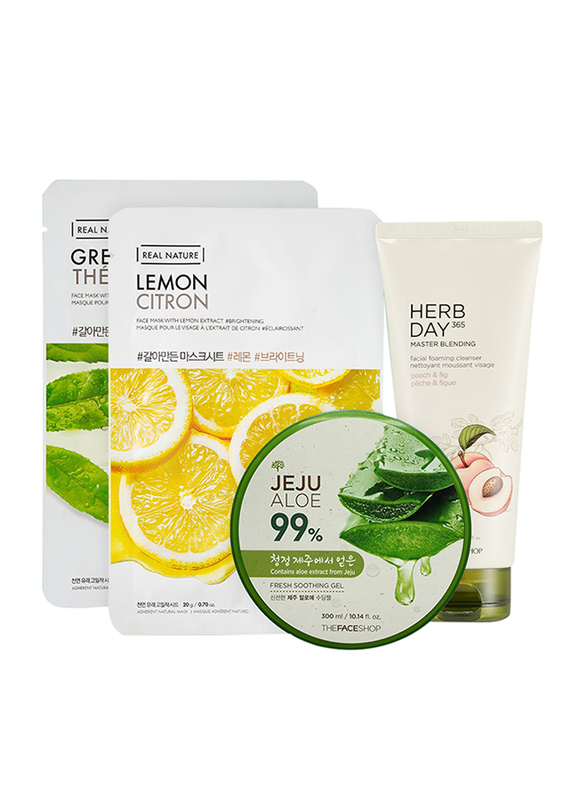 The Face Shop Jeju Aloe Fresh Soothing Gel + Herb Day 365 Master Blending Facial Foaming Cleanser + Real Nature Lemon Mask Sheet + Real Nature Greente
The Face Shop Jeju Aloe Fresh Soothing Gel + Herb Day 365 Master Blending Facial Foaming Cleanser + Real Nature Lemon Mask Sheet + Real Nature Greente