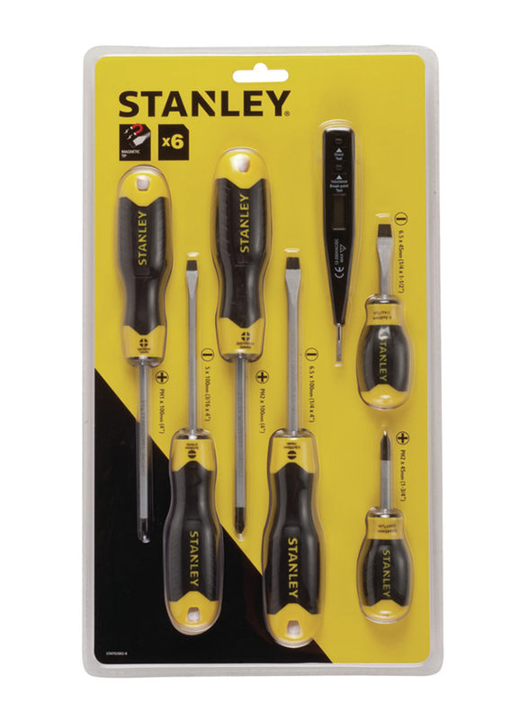 Stanley 6-Piece Cushion Grip Magnetic Tip Screwdriver Set with Digital Tester, STHT92002-8, Black/Yellow
Stanley 6-Piece Cushion Grip Magnetic Tip Screwdriver Set with Digital Tester, STHT92002-8, Black/Yellow