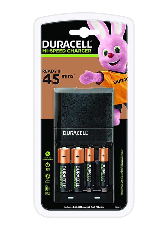 Duracell 45 Minute Charger with 2 AA Batteries and 2 AAA Batteries, CEF27, Black/Brown
Duracell 45 Minute Charger with 2 AA Batteries and 2 AAA Batteries, CEF27, Black/Brown