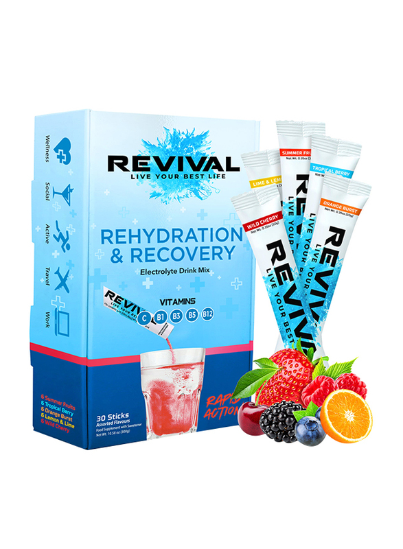 Revival Assorted Flavours Rapid Rehydration Electrolytes Powder, 30 Sticks, 300g
Revival Assorted Flavours Rapid Rehydration Electrolytes Powder, 30 Sticks, 300g