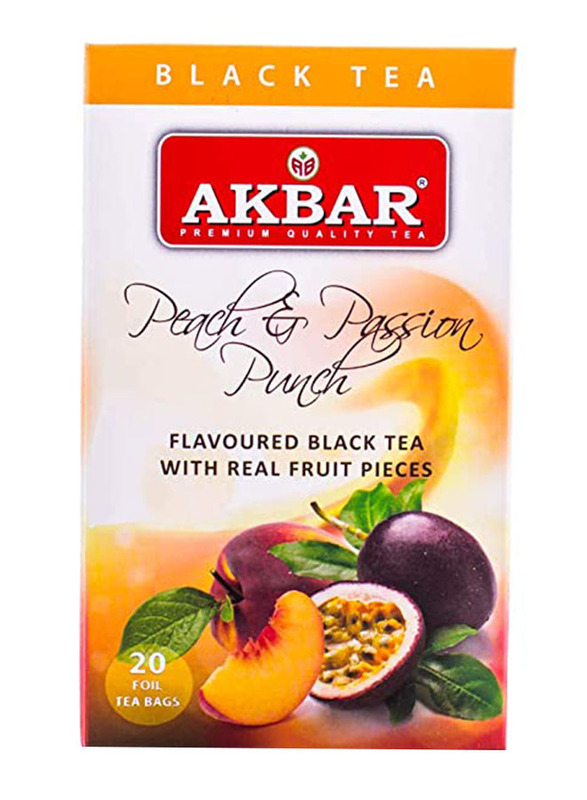 Akbar Peach & Passion Punch Flavoured Tea with Real Fruit Pieces, 20 Foil Tea Bags
Akbar Peach & Passion Punch Flavoured Tea with Real Fruit Pieces, 20 Foil Tea Bags