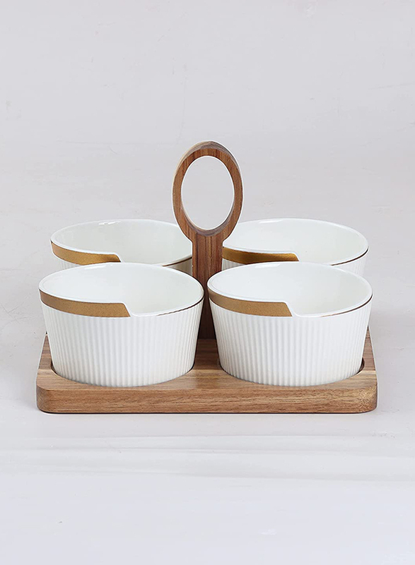 Orchid 5-Piece Porcelain Serving Bowl with 4 Compartments Wooden Square Serving Tray Set, White/Brown
Orchid 5-Piece Porcelain Serving Bowl with 4 Compartments Wooden Square Serving Tray Set, White/Brown