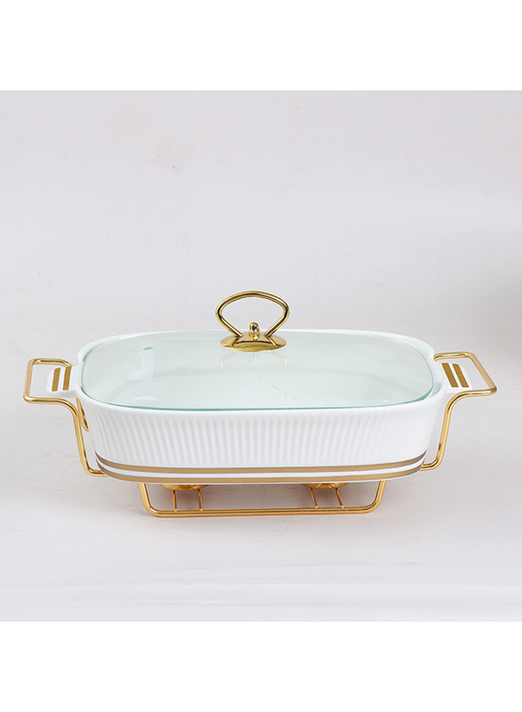 Orchid 13-inch Ceramic Rectangular Food Warmer Chafing Dish with Glass Lid, White/Gold
Orchid 13-inch Ceramic Rectangular Food Warmer Chafing Dish with Glass Lid, White/Gold