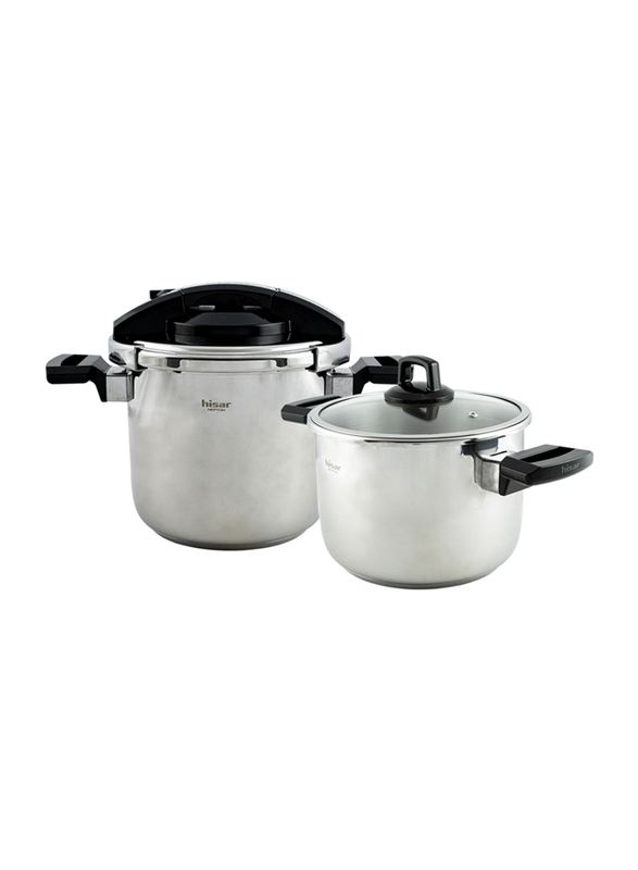 Hisar 4+7L 2-Piece Neptune Stainless Steel Round Pressure Cooker Pot Set, Silver/Black
Hisar 4+7L 2-Piece Neptune Stainless Steel Round Pressure Cooker Pot Set, Silver/Black