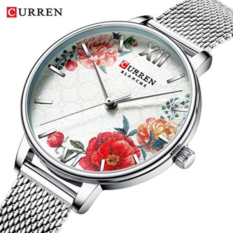 Curren 9060 Analog Watch for Women with Stainless Steel Band, Water Resistant, Silver