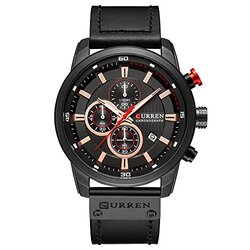 Curren Analog Quartz Military Watch for Men with Leather Band, Water Resistant and Chronograph, Black