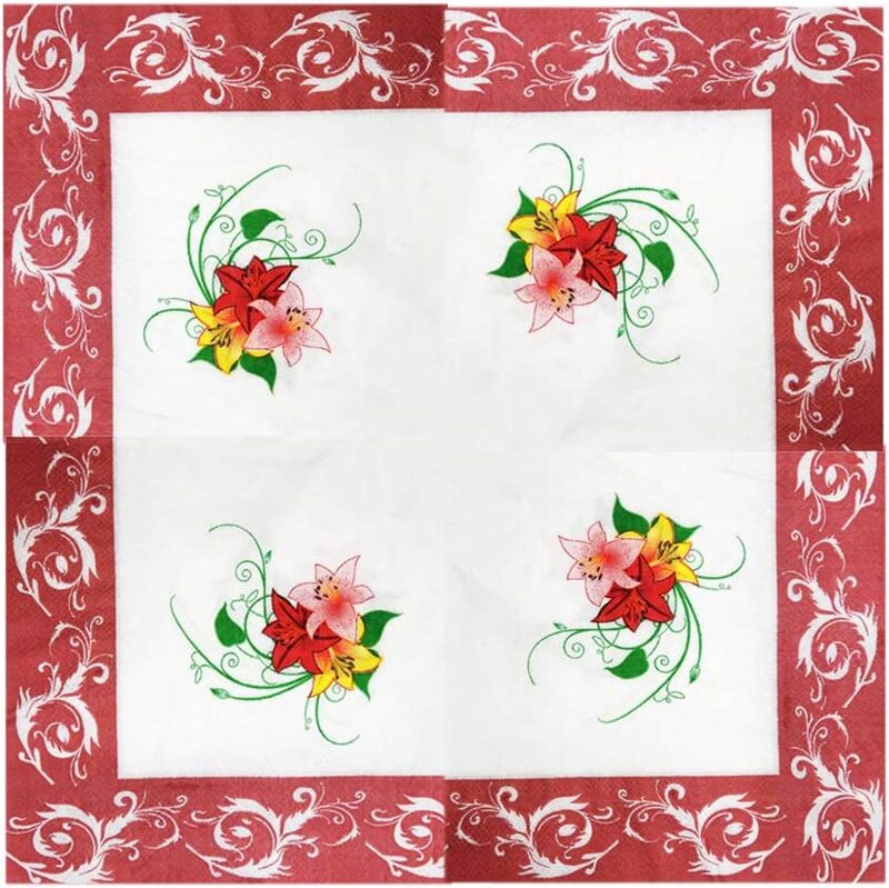 

20-Piece Party Flower Printed Napkins Set, 2 Ply, 33 x 33 x 2cm, Red