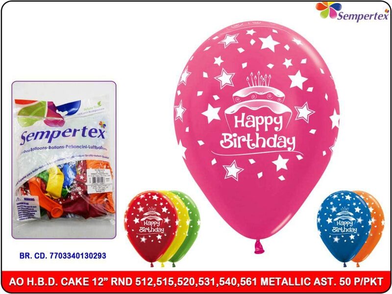 

Sempertex 12-inch Happy Birthday Cake Printed Round Latex Balloon, 50 Pieces, Metallic Assorted