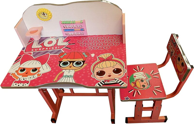 

Cartoony Design Multi-Functional Beautiful Study Table & Chair with Clock Attached, Red