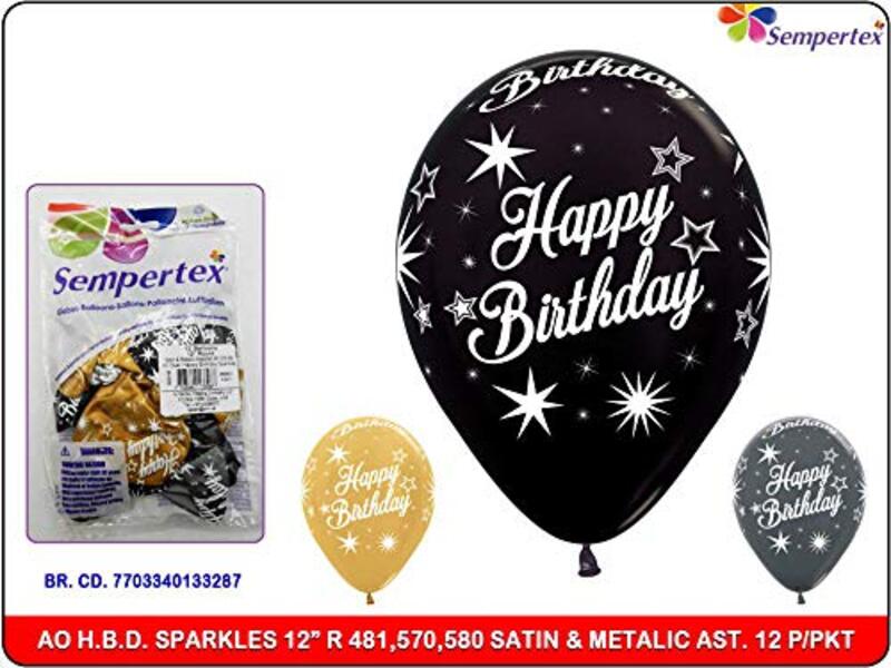 

Sempertex 12-Inch Round Shape Satin & Metallic Happy Birthday Sparkles Latex Balloons Set, 12-Piece, Multicolour