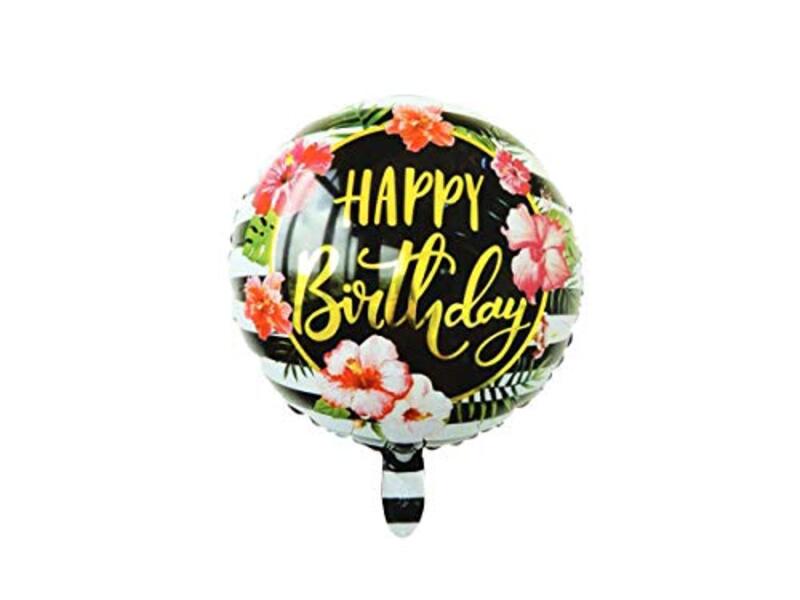 

18-Inch Round Foil Membrane Black Flowers Happy Birthday Balloon for Decoration, All Ages