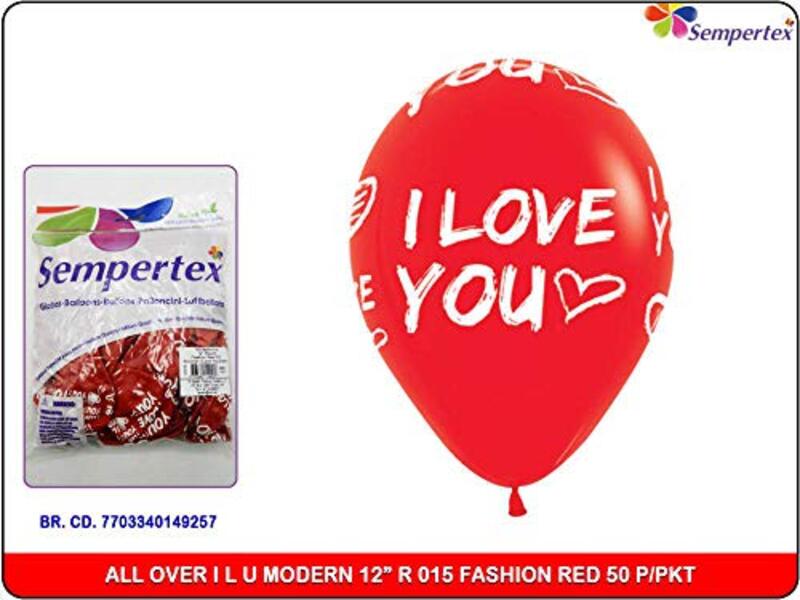 

Sempertex 12-Inch Round Fashion I love You Latex Balloons Set, 50-Piece, Red