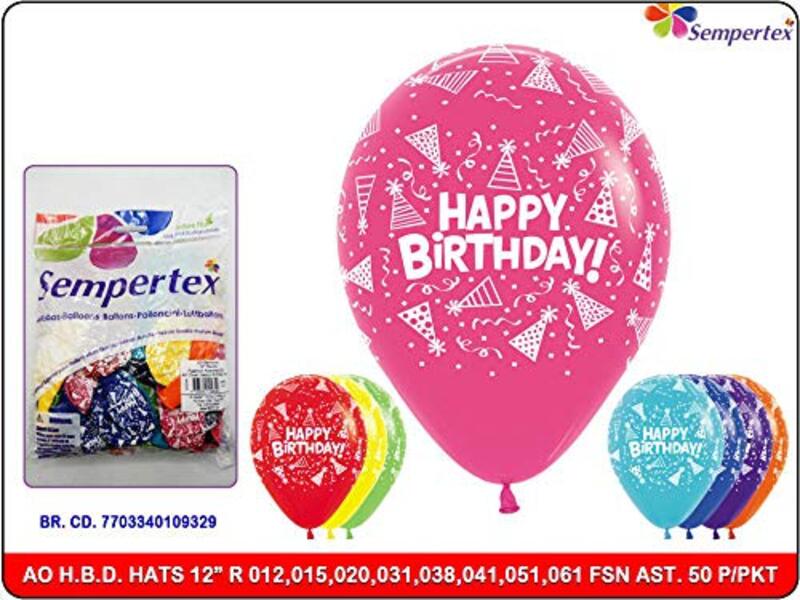 

Sempertex 12-Inch Round Fashion Happy Birthday Hats Latex Balloons Set, 50-Piece, Multicolour