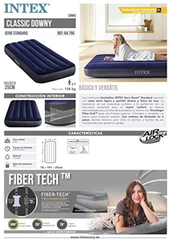 Intex Dura Beam Standard Classic Downy Airbed, Blue