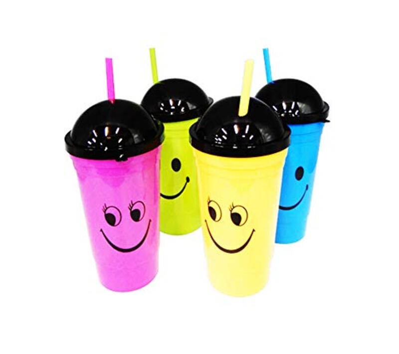 

4-Piece Smiley Water Bottle with Lid and Straw, Multicolour