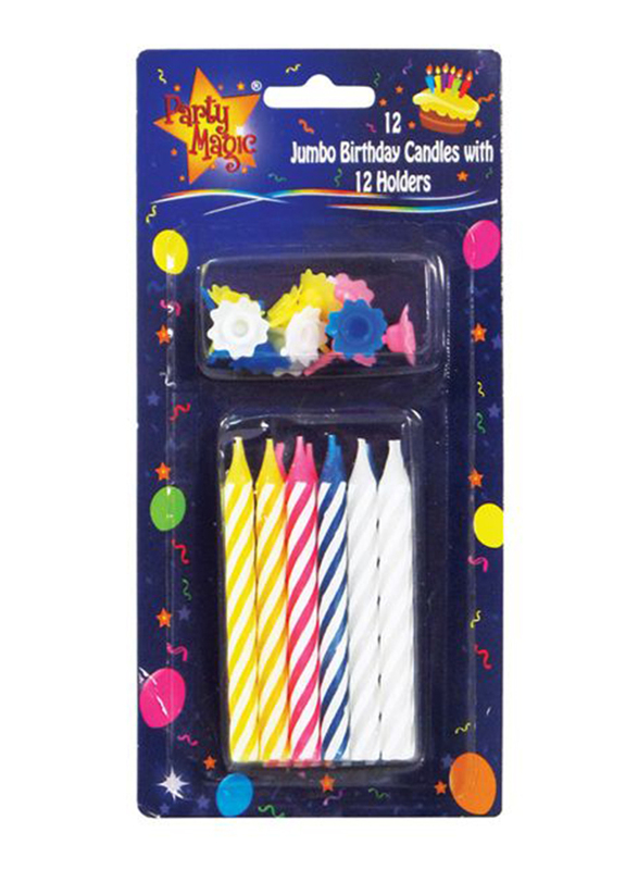 

Party Magic Jumbo Birthday Candles with Holders, 12 Piece, Multicolour