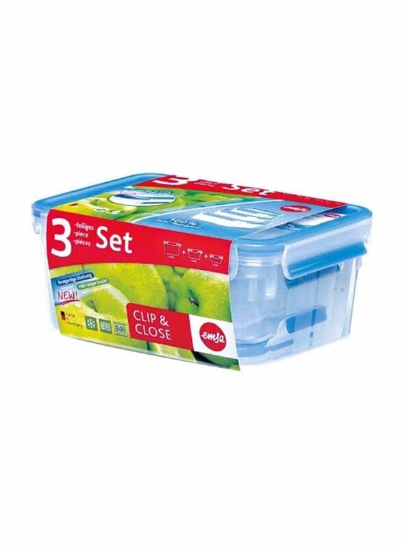 

Emsa Clip & Close Stacking Boxes, 0.5/1/2.3 Liters, 3 Pieces, Clear/Blue