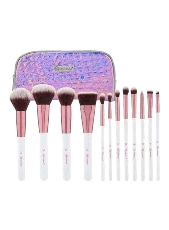 

Bh Cosmetics 12-Piece Makeup Brush Set with Storage Bag, White/Pink