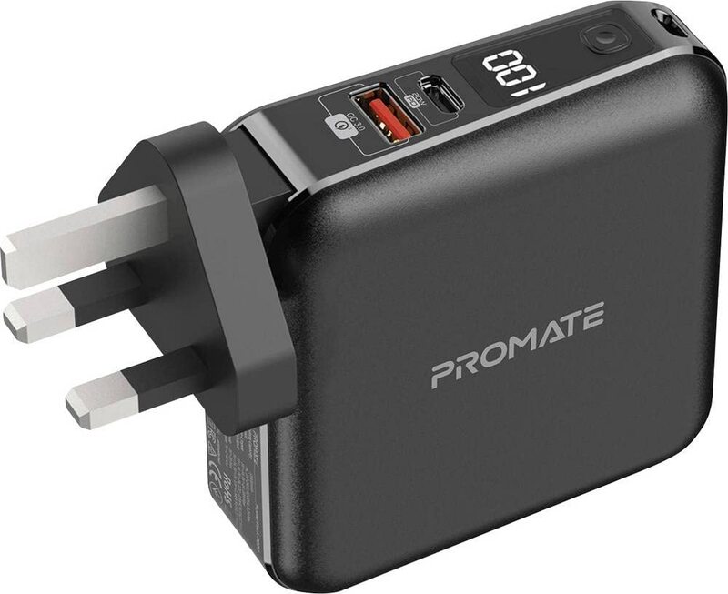 

Promate 15000mAh 2-In-1 Power Bank with Multi-Regional AC Plug and 20W USB Type-C PD Input and Output and QC 3.0 Port and USB Type-C and Lightning Cor