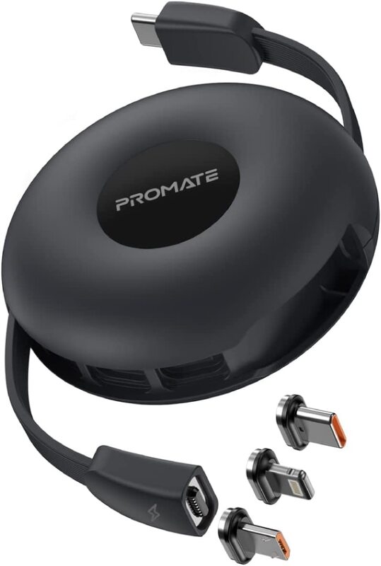 

Promate 1-Meter Magnetic Retractable Charging Cable, 3-in-1 to Type USB-C for Smartphones/Tablets, Black