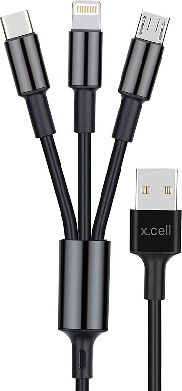 

Xcell 2-Meter 3 in 1 Fast Charging Cable, USB-A to 3-in-1, 5Amps for Smartphones/Tablets, Black