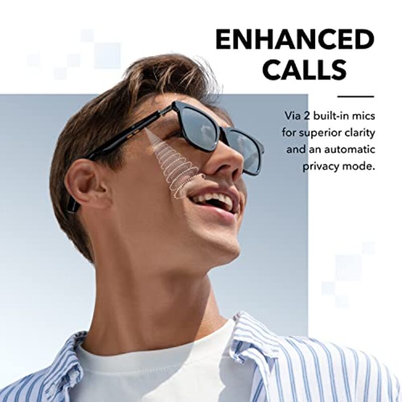 Anker Soundcore Polarized Square Full-Rim Black Frames, Grey Lens, Landmark Bluetooth Audio Smart Glasses with 4 Speakers