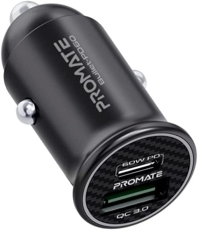 

Promate USB-C Car Charger, 3.0 USB & USB Type-C, Black