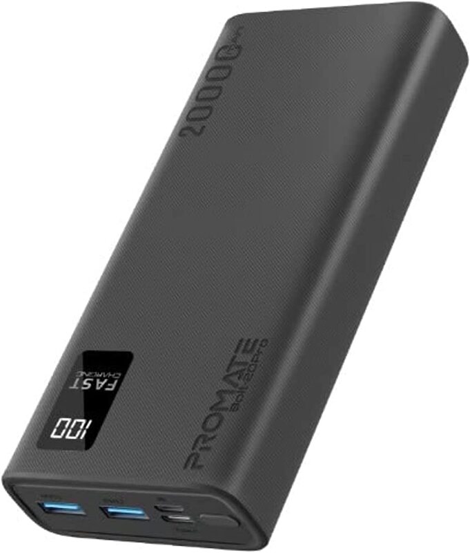 

Promate 20000mAh High-Capacity Slim Power Bank with Dual USB Ports and 10W Type-C Input and Output Port, with Smart LED Display and Safe Adaptive Char