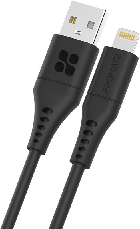 

Promate 1.2-Meter Lightning Cable, 2.4A USB-A to Lightning, Anti-Tangle Silicone Cord for Smartphones/Tablets, Black