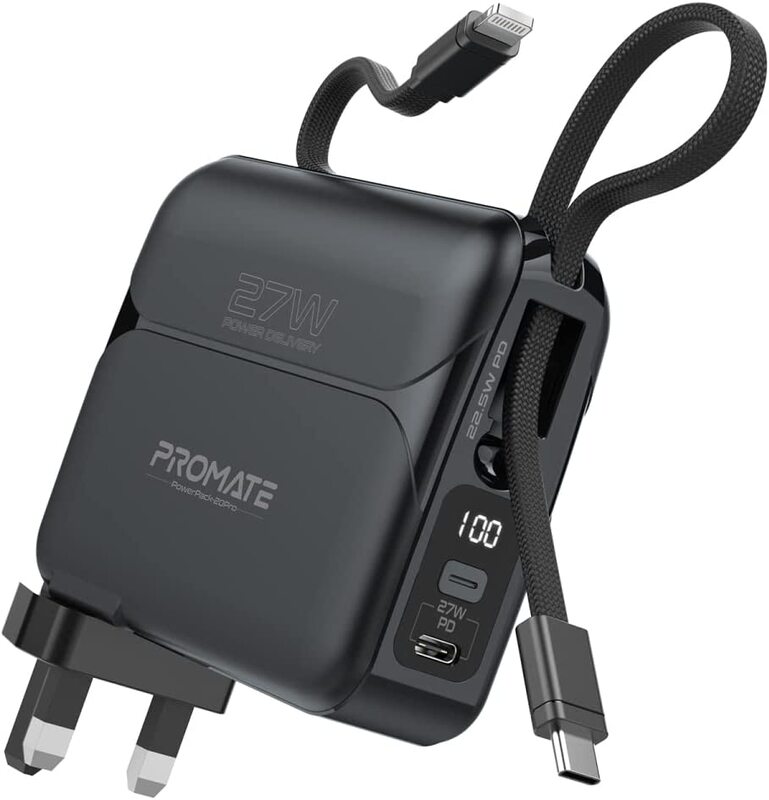 

Promate 20000mAh Power Bank with AC Plug and 22.5W USB Type-C Cable and 27W Lightning Cable and 27W USB Type-C Port, Black