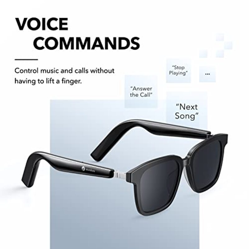 Anker Soundcore Polarized Square Full-Rim Black Frames, Grey Lens, Landmark Bluetooth Audio Smart Glasses with 4 Speakers