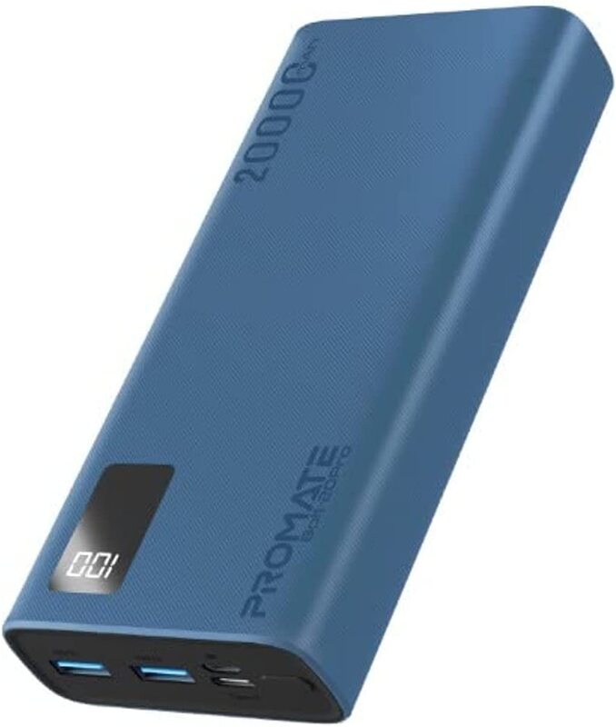 

Promate 20000mAh Slim Power Bank with Dual USB Ports and 10W Type-C Input and Output Port, with Smart LED Display and Safe Adaptive Charging, Blue
