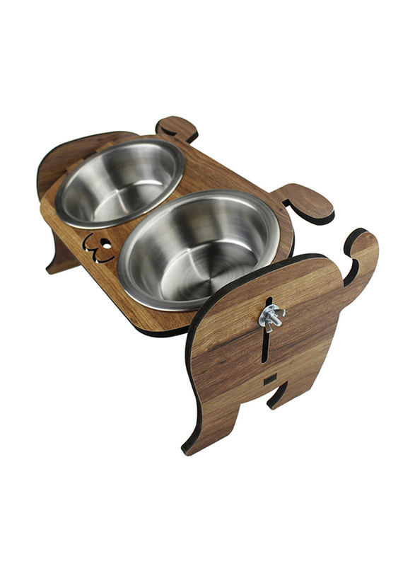 

Okutan Double Dog Food Bowl with Holder, Dark Oak