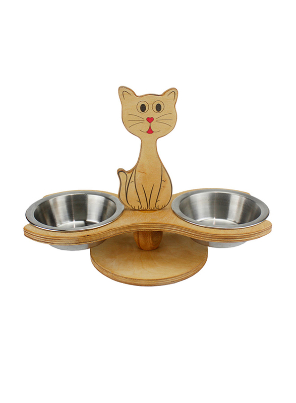 

Okutan Natural Wood Double Cat Food Bowl with Holder, Brown