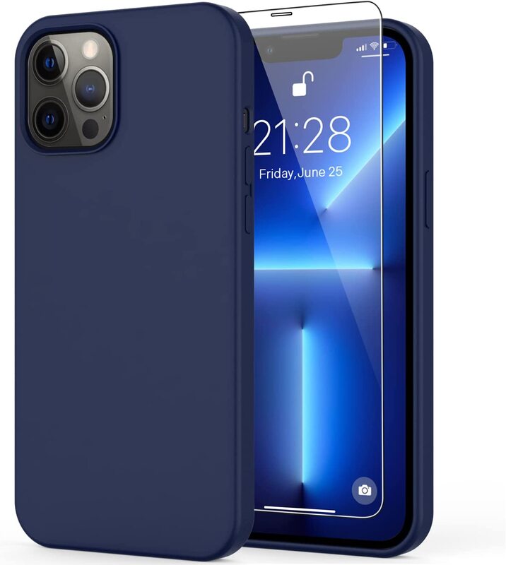 

Deenakin Apple iPhone 13 Pro Max Silicone Back Mobile Phone Case Cover with Screen Protector, Navy Blue