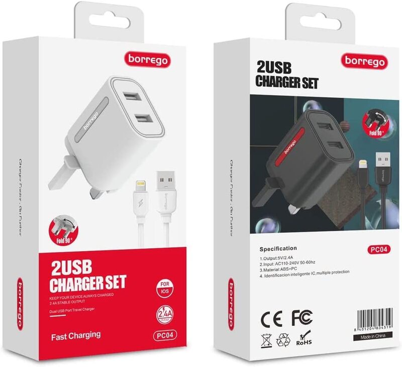 

Borrego 5V/2.4A Pd A+ Qc3.0 Dual Port Fast Charger, White
