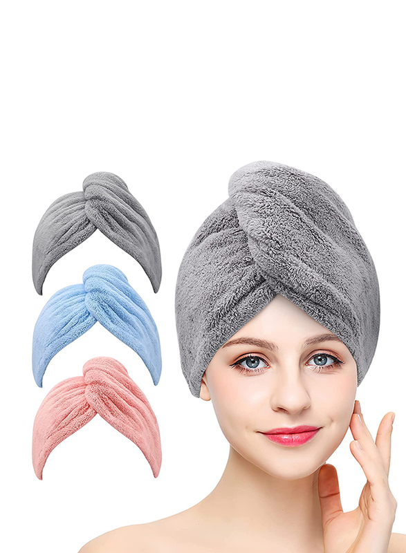 

Beoffer Microfibre Hair Drying Towel Wrap Super Absorbent Hair Turban Towels with Buttons, Grey/Pink/Blue, 3-Piece