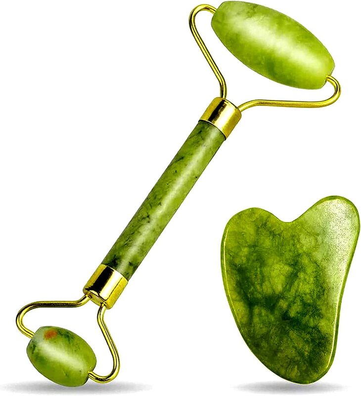 

generic Jade Roller and Gua Sha Set for Beautiful Skin Detox - Facial Body Eyes Neck Massager Tool Reduce Wrinkles Aging - Original Natural Jade Stone (Jade R