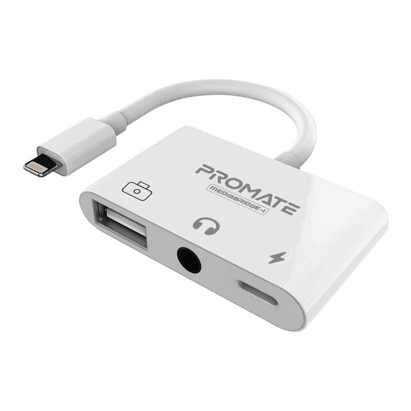 

Promate Lightning Hub, 3-In-1 Lightning to 3.5mm Headphone Audio, USB Camera Female OTG Adapter Cable with 2A Fast Charging Port Adapter, Media Bridge