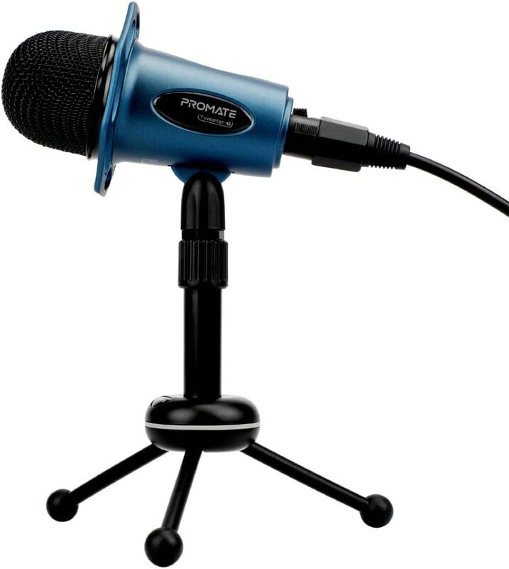 

Promate Tweeter-8 Desktop 3.5mm Professional Condenser Recording Podcast Microphone with Built-In Volume Control and Tripod Stand, Blue