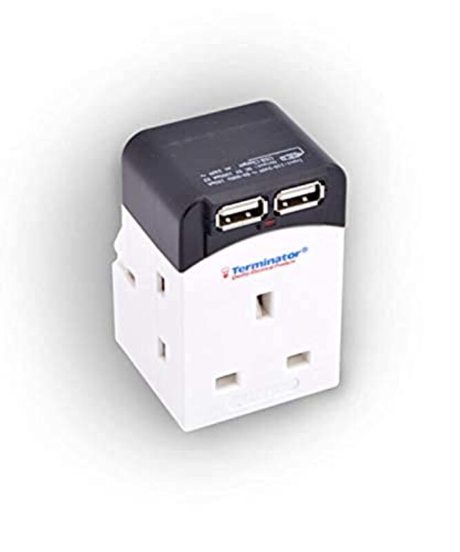 

Terminator Multi Adaptor 3 Way Socket with 2000mA 2USB Sockets 13A Plug, White/Black