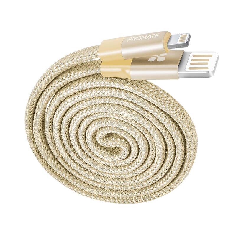 

Promate 1.2-Meters Fabric Braided Auto Rolling Lightning Cable, Lightning to USB-A for Apple Devices, Gold