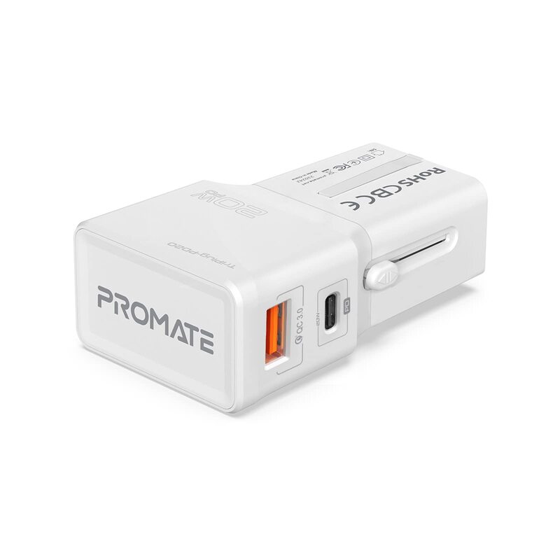 

Promate International Travel Adapter with Type-C 20W Pd Port, Qc 3.0 USB Port for US/EU/UK/AUS Plug, White