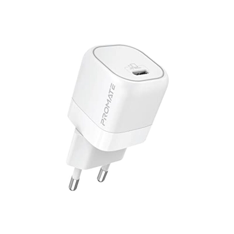 

Promate Ultra-Compact Fast-Charging USB-C 25W Wall Charger with for iPhone, iPad, PowerPort-25, White